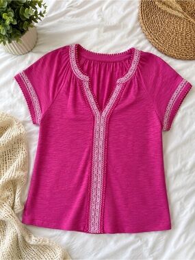 💖Crown & Ivy Pink Embroidered Pom Trim Boho Top Medium💖